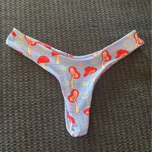 Aurelle Light Blue Ribbed Bikini Bottoms with Red Mushroom Print